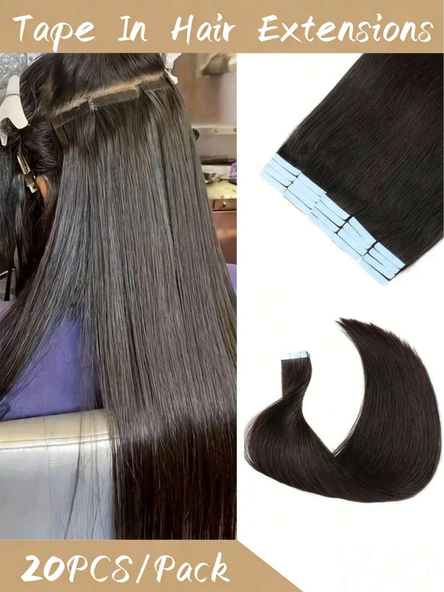 [20 Pieces/Pack/50 G, 40-66 Cm (16-26 Inch) Long Human Hair Extensions In Natural Black 1B#] Tape-In Human Hair Extensions, Remy Human Hair, Straight, Invisible Adhesive Strips. Suitable For Women For Daily Use. - Natural Black - View 1