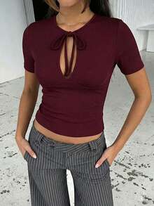 Women's Hollow Out Lace-Up Short Sleeve Tight Fitting Top, Casual Everyday Wear - Burgundy - View 2