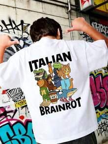 Camiseta de manga corta con cuello redondo y estampado gráfico "Italian Brainrot" para niño preadolescente, top de moda de verano para niños - Blanco - Ver 4