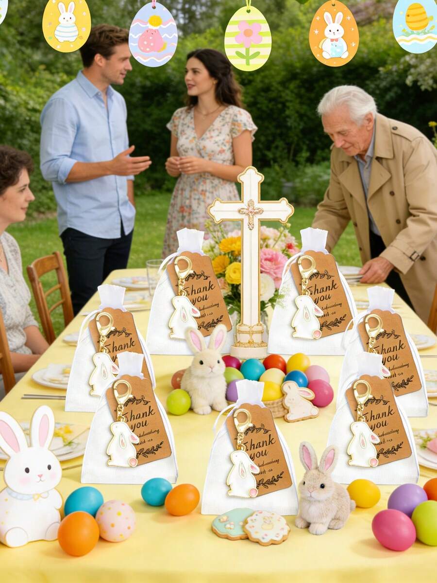 15/3件套复活节兔子钥匙扣套装，可爱兔子钥匙扣配感谢卡和欧根纱丝带，创意复活节礼物，派对小礼品，适合复活节、生日、节日派对、赠送宾客。 - 彩色 - 查看 1