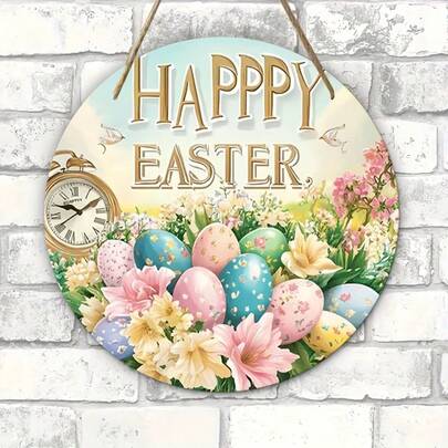 1pc Vintage Easter "Happy Easter" Wooden Sign, Round Door Decor - Classic American Style With Colorful Eggs, Flowers And Butterflies, Suitable For Home, Cafe, Restaurant, Porch Wall Art - Made Of Wood, No Electricity Needed, Cafe Decor | Vintage Wall Art | Wooden Sign, Easter Decoration. Suitable For 11 Holidays