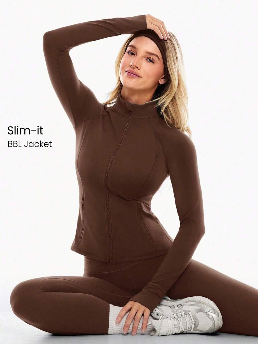 Slim-It Streamline Performance Secure Pockets Zip Up Long Sleeve Jacket Low Impact Yoga Daily Fall Glowmode Gym Clothes Women - 棕色 - 查看 1