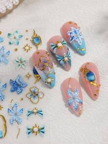 蓝绿色芙蓉百合花美甲贴纸，3D立体浮雕夏威夷热带花卉渐变美甲贴花，夏季DIY巴洛克美甲沙龙设计配件 - 彩色 - 查看 3