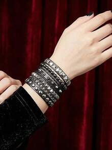 朋克风铆钉手链，皮革铆钉手链套装，Y2K铆钉腕链配饰 - 黑色 - 查看 5