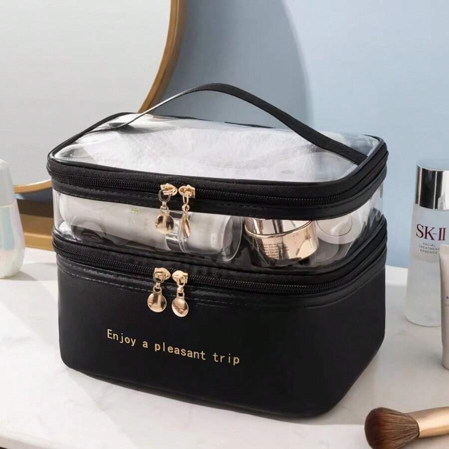 BAGCO Bolsa de cosméticos de doble capa, bolsa de cosméticos de viaje, bolsa de cosméticos impermeable de gran capacidad, caja de almacenamiento superior transparente, accesorio de viaje para mujer.