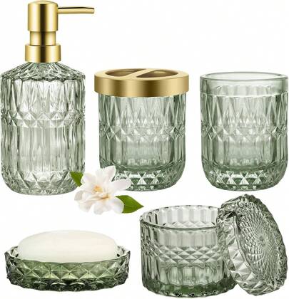 5 Pcs Diamond Cut Green Glass Bathroom Set Rustproof Pump Countertop Vanity Storage Decor