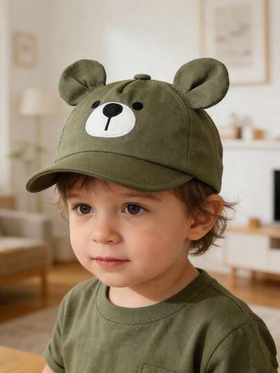 1 pieza Gorra de béisbol con decoración bordada de oso bebé y orejas grandes, adecuada para uso diario de niños y niñas