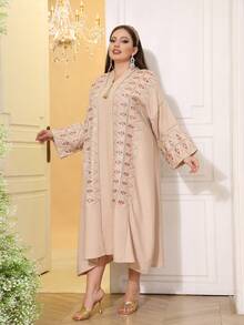 2026新款斋月传统优雅刺绣串珠金色连衣裙，V领流苏奢华端庄阿拉伯女装 JALABIA - 杏色 - 查看 10