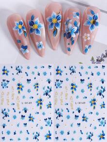 2片蓝色芙蓉花3D美甲贴纸，生动花卉图案美甲贴花，自粘式美甲配件，适合女性，春夏适用 - 彩色 - 查看 9
