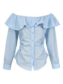 ii Women's Elegant Off-Shoulder Ruffle Hem Pleated Solid Color Blouse - Blue - View 6