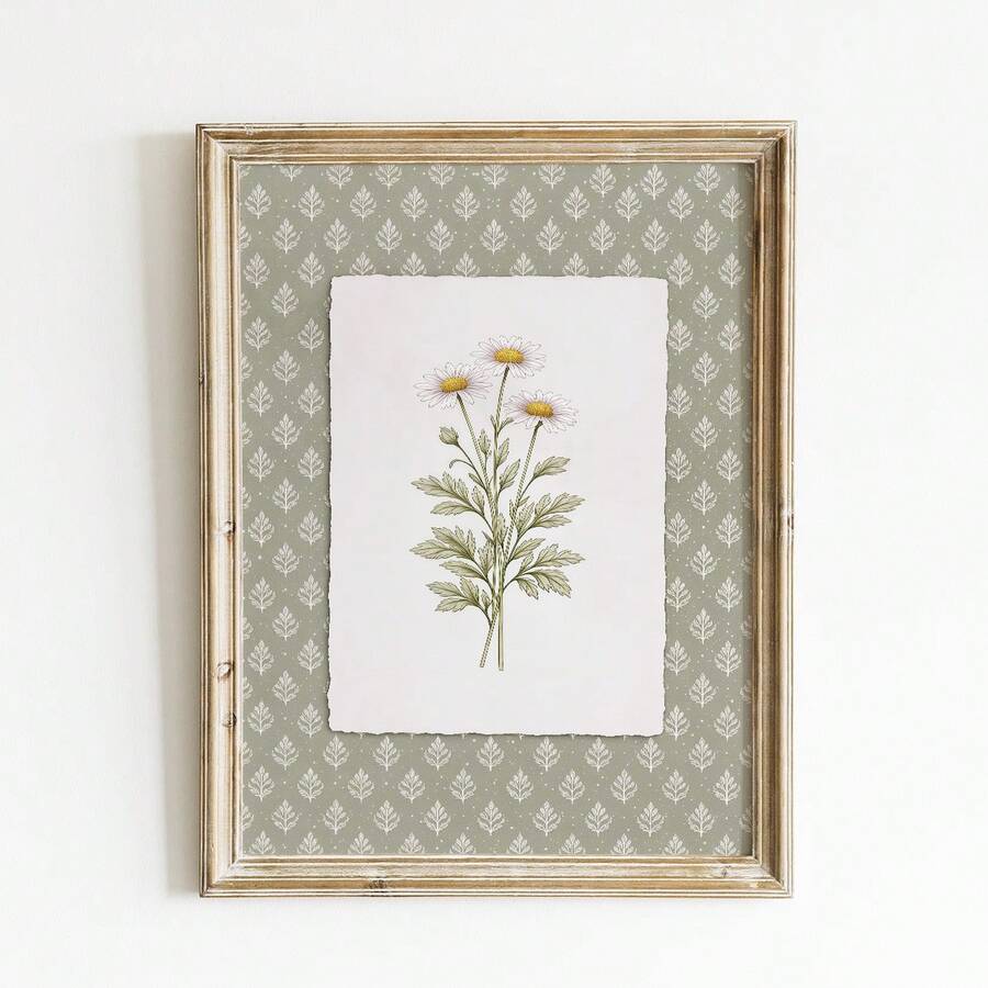 1pc Unframed Watercolor Daisy Plant Wall Art Print, White Petals Golden Center Green Leaves Illustration, Farmhouse Style Vintage Aesthetic Poster For Living Room Bedroom Decor, Poster, Retro Decor, Essential For College Dorm - Watercolor Daisy Plants - View 1