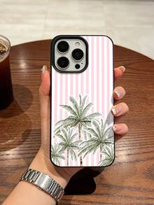 1PC+Compatible With IPhone 17/16 Pro Max/15 Plus/14 Pro+Fresh Vacation+Lychee Pattern Material+Phone Protective Case+Ins Seaside Style+Pink And White Stripes+Palm Tree Pattern+All Inclusive Anti Fall+Precise Hole Position - Black - View 1