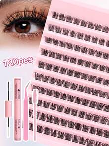 120PCS Curled, Thick, Soft False Eyelashes Fluffy C Curls 10-16mm Mixed Length Eyelash Clusters With Eyelash Extension Adhesive Sealing Eyelash Tweezers Eyelash Brush False Eyelash Kit Suitable For Beginners, Novices, And Makeup Artists - Black - View 1
