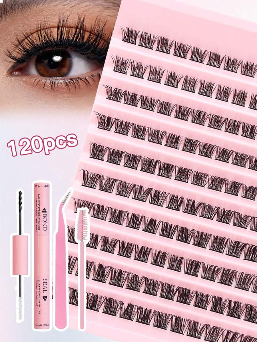 120PCS Curled, Thick, Soft False Eyelashes Fluffy C Curls 10-16mm Mixed Length Eyelash Clusters With Eyelash Extension Adhesive Sealing Eyelash Tweezers Eyelash Brush False Eyelash Kit Suitable For Beginners, Novices, And Makeup Artists - Black - View 1