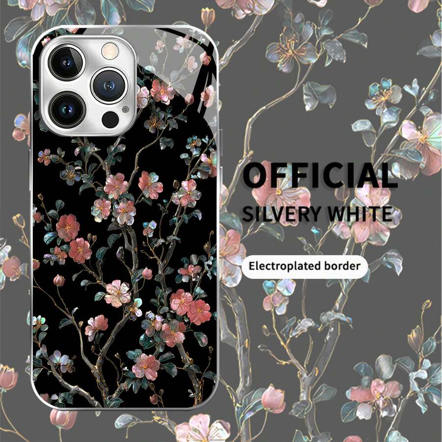 Estuche para teléfono con diseño de flores florecientes Compatible con estuches para teléfonos 17 16 Pro Max 15 Pro Max 13 y 12 Hecho de material de TPU con galvanoplastia transparente y resistente a rayones que brinda protección contra golpes y caídas Un gran regalo para familiares, amigos, seres queridos, novios/novias y para aniversarios - Plateado - Ver 1