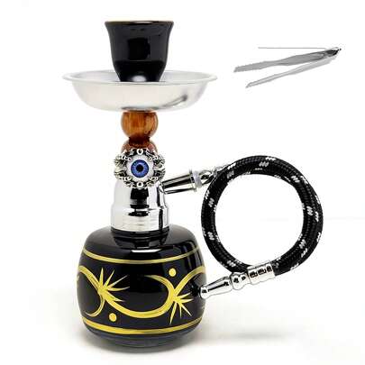 Juego de mini narguile negro, decoración de ojos, base de vidrio pintada a mano. Incluye 1 pinza para carbón. Adecuado para el hogar, bar, fiesta, viaje
