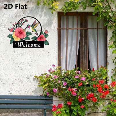 2D Flat Hummingbird & Hibiscus Flower Welcome Wreath Sign 11.81" X 8.86" Metal Wall Art Decor, Rustic Farmhouse Tropical Floral Bird Decoration For Outdoor Porch, Garden, Home Entryway - Ideal Housewarming Present