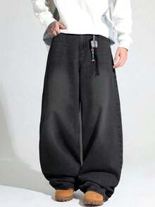 1pc Casual Loose Fit Straight Leg Jeans, Unisex Couple Style - Đen 2 - Xem 9