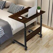 Height Adjustable Mobile Laptop Table | Rolling Overbed Workstation With Metal Frame & Castor Wheels - Wood Color - View 7