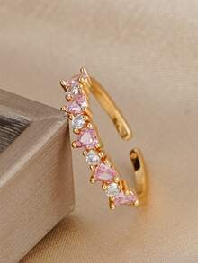 1枚优雅粉色立方氧化锆戒指，适合女性日常佩戴、订婚、婚礼、派对、宴会等场合，铜质首饰 - 金黃色 - 查看 5