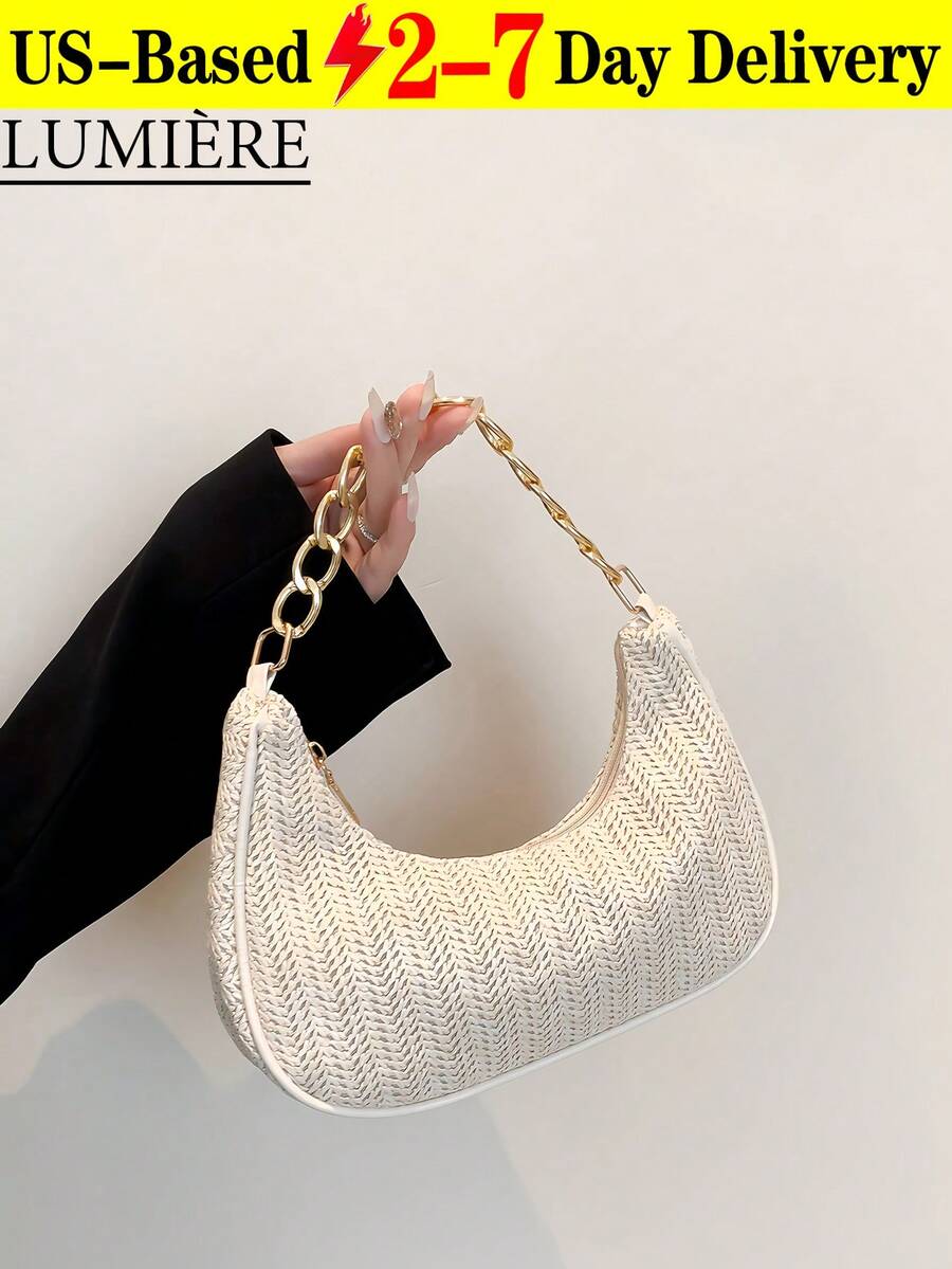 Fashionable Solid Color Woven Moon Shaped Women's Bag With Metal Chain Strap. Can Be Used As A Handbag, Shoulder Bag, Tote, Beach Bag, Or Casual Cell Phone Bag. A True Summer Essential & Travel Must-Have, Perfect For Vacation, Holiday, And Daily Use. Also Makes A Wonderfully Versatile And Stylish Gift For Valentine's Day Or Birthdays - 彩色 - 查看 1