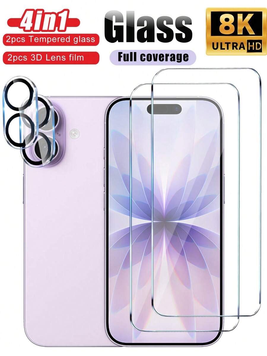 四合一套装：2片高清屏幕保护膜 + 2片3D镜头保护膜，适用于 17 Pro Max/17 Pro/17/AIR/16 Pro Max/16 Pro/16E/15/15Pro/14/13/12/11等机型，9H钢化玻璃 + 全屏覆盖，适合旅行和通勤，超清晰，易于安装。