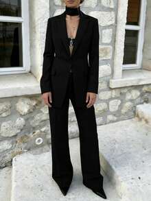 Women's Elegant Black Casual Loose Blazer Jacket And Straight Leg Pants 2 Pieces Suit Set Spring - Black - View 2