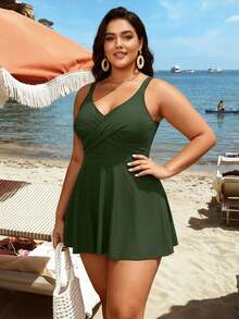 2026 Chic Olive Green Plus Size Swim Dress - Cross V-Neck, Flared Silhouette, Effortless Resort-Level Beach Style - 墨綠色 - 查看 2