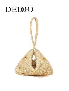 Dedoo Elegant Minimalist Spring/Summer Straw Rhinestone Magnetic Closure Triangle Clutch, Suitable For Party, Wedding, Prom, Gathering, Beach - Beige - View 8