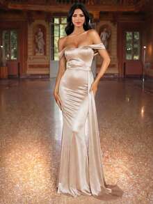 LOVE&LEMONADE 性感香槟色露肩露背缎带正式晚礼服 - 香檳色 - 查看 1