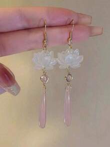 1 Pair New Chinese Style Lotus Flower Cat Eye Stone Teardrop Dangle Earrings For Women Elegant Hanfu Accessories Perfect For Daily Wear Cultural And Traditional Jewelry MMDB - 粉色 - 查看 4