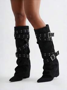 Women'S Punk Style Knee High Boots Pointed Toe Wedges Solid Color Party Music Club Shoes For Girls - 黑色牛仔 - 查看 2