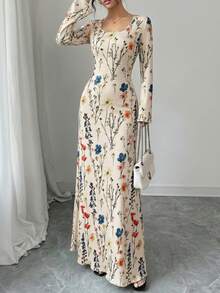 时尚U领露背系带长袖连衣裙，春假优雅之选 - 杏色 - 查看 3