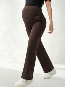 Maternity Knit Fabric High Elasticity Long Flare Pants, With Pockets, Tummy Control And Hip Lifting, Comfortable And Fashionable For Pregnancy - Brown - View 5