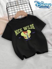 Disney Girls' T-Shirt With Nick Wilde Cartoon Print And Letter Pattern, Casual And Stylish Summer Everyday Wear, Round Neck Short Sleeve. - màu đen - Xem 2