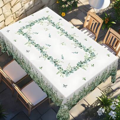 1 pieza Mantel con estampado de hojas de eucalipto verde | Diseño de mariposa y hoja de salvia de primavera/verano, material de poliéster, regalo perfecto para la decoración de la cocina de estilo granja, versátil para picnics, fiestas, bodas al aire libre, uso en interiores y exteriores