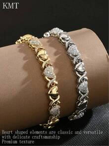 1pc Elegant Couple Bracelet, Copper Inlaid Zirconia, Exquisite Heart-Shaped Splicing, High Luster, Luxury Women Tennis Bracelet, Gift For Friends - Love Model - View 11