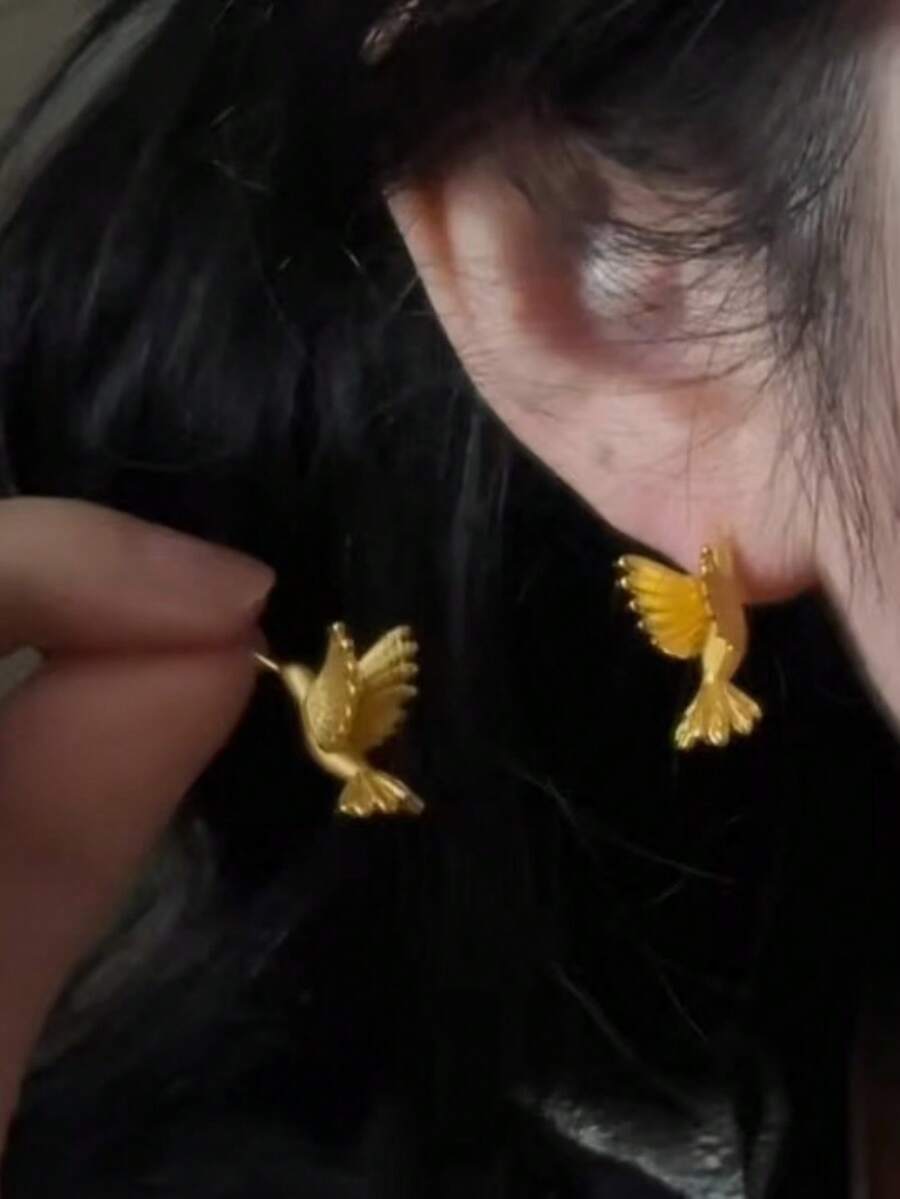 1对时尚优雅的鸟形耳环，别致的金色耳环，精致时尚的创意女士首饰，适合所有季节佩戴 - 小鳥耳環 - 查看 1