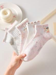 4 pares de calcetines de tobillo para mujer con diseño de conejo y lazo, transpirables y lindos, calcetines invisibles tipo barco, en colores blanco y rosa, adecuados para uso casual diario, colores aleatorios, aptos para primavera, verano, otoño e invierno - Ver 5