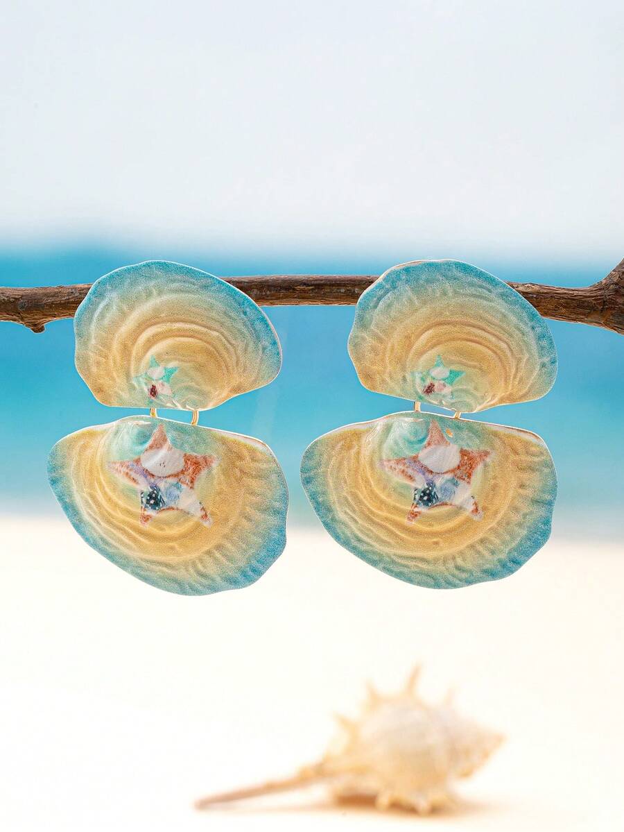 2pcs Fashionable Seashell Print Earrings, Suitable For Women's Beach Vacation And Party Wear - Baby Blue - View 1