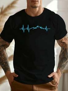 T-shirt graphique Mountain Heartbeat, printemps, col rond, coupe décontractée, confortable, imprimé accrocheur - Noir - Voir 1