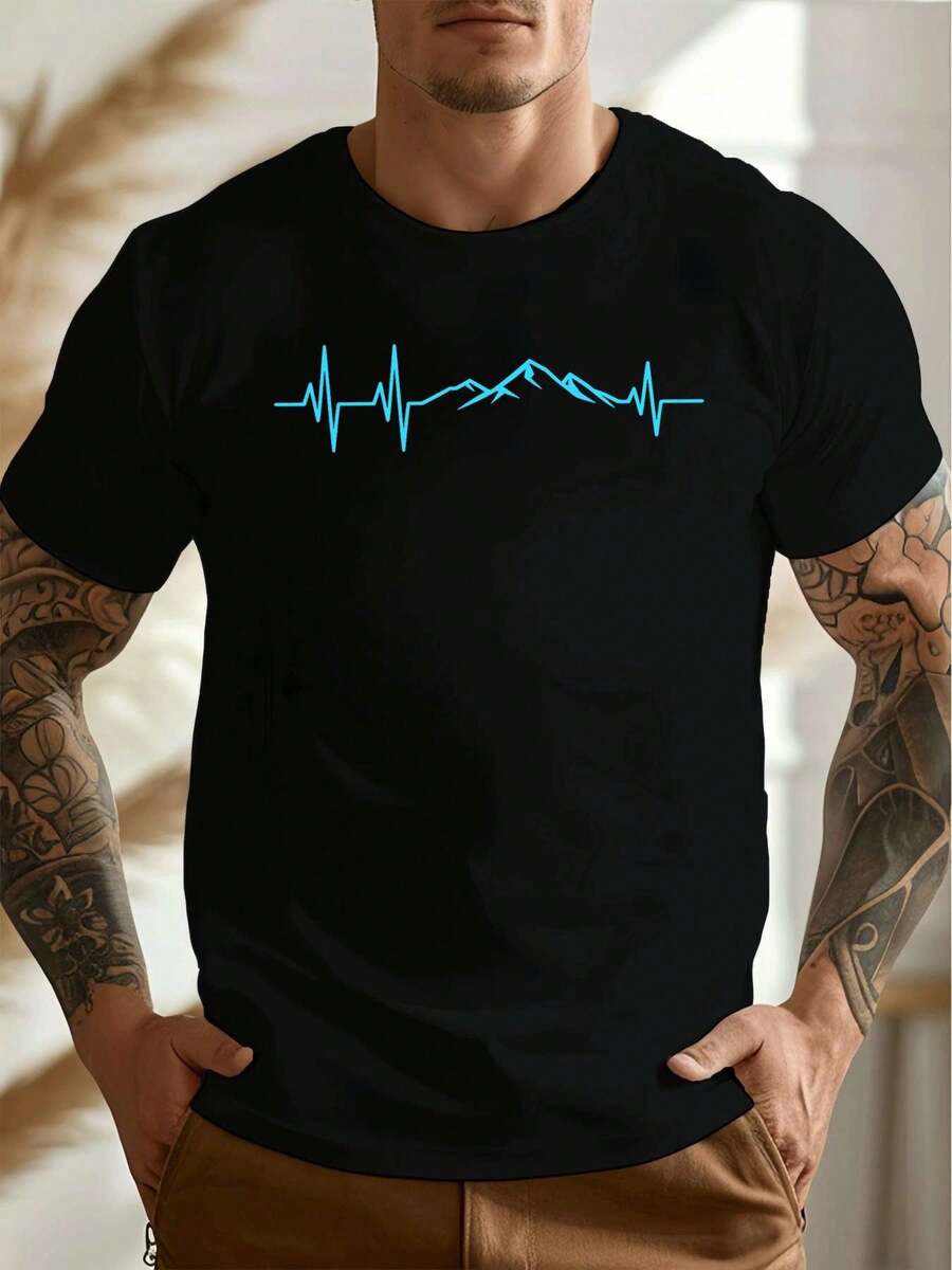 T-shirt graphique Mountain Heartbeat, printemps, col rond, coupe décontractée, confortable, imprimé accrocheur - Noir - Voir 1