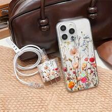 5-In-1 Transparent Floral Pattern Phone Case Set: Phone Case + Charger Head Cover + Cable Protector + Storage Cord, TPU Shockproof Protective Cover For Apple Phones - Clear - View 1