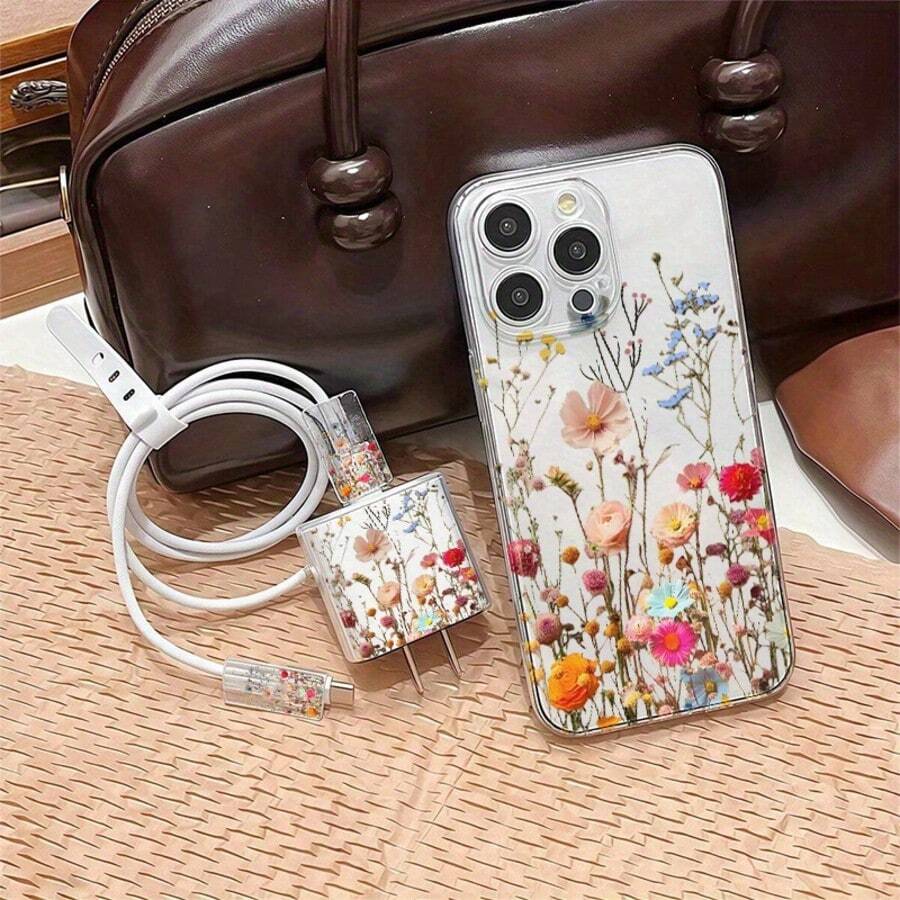 5-In-1 Transparent Floral Pattern Phone Case Set: Phone Case + Charger Head Cover + Cable Protector + Storage Cord, TPU Shockproof Protective Cover For Apple Phones - Clear - View 1