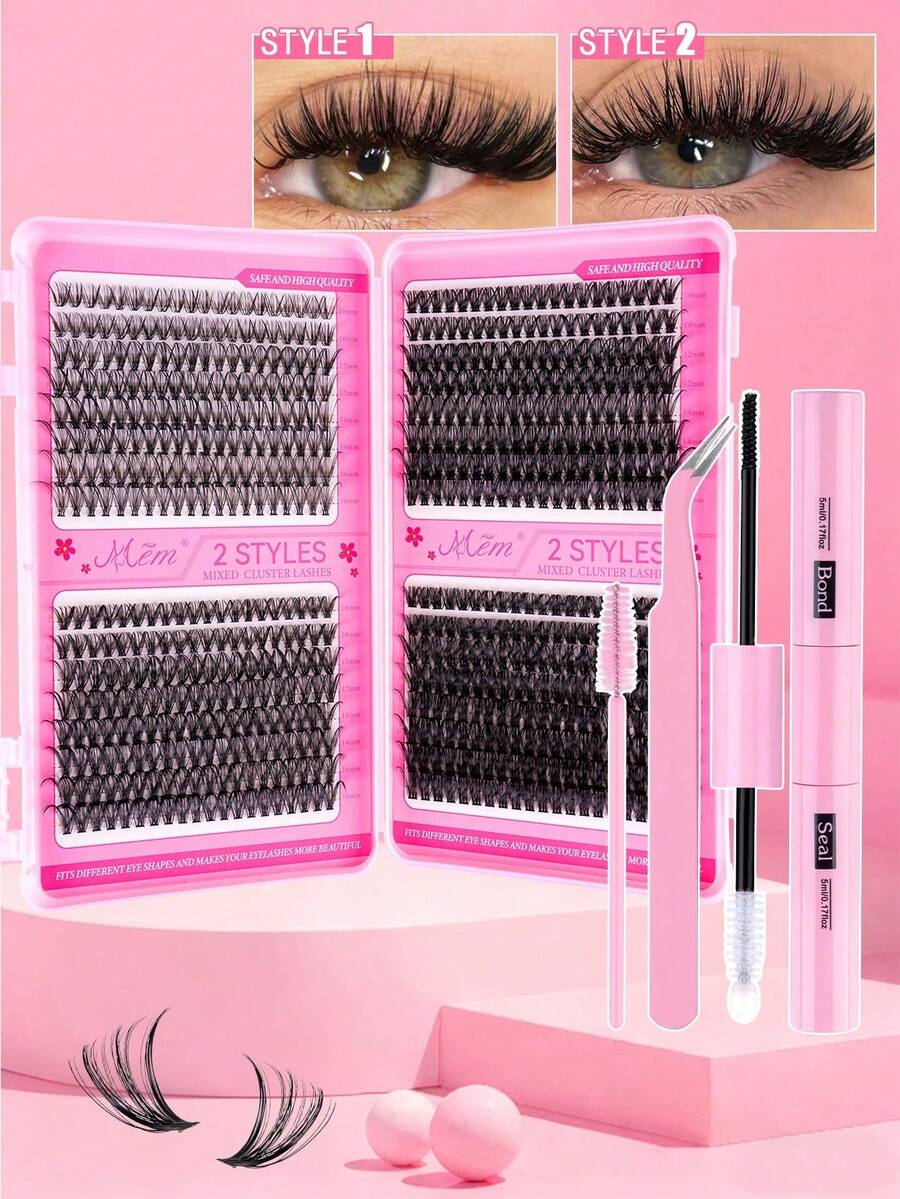 640/544/300pcs Eyelash Extension Kit, DIY Eyelash Extension Set, Individual Eyelash Cluster Kit, D Curl Eyelash Extension Set, Includes Adhesive, Sealant And Eyelash Extension Tools, Suitable For Daily Use, Travel, Beginners, Weddings, Dates, Parties, Festivals, Great For Christmas/Halloween/Gift Eyelash Set - 黑色 - 查看 1