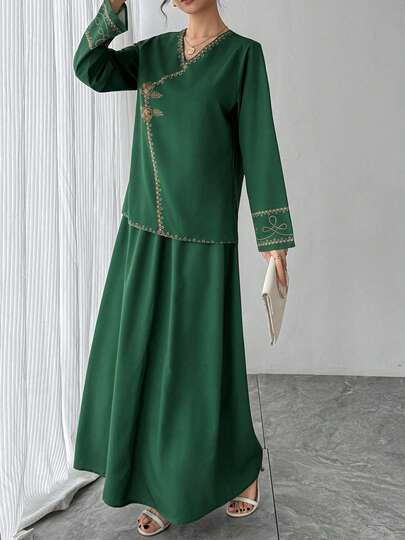 两件套女士套装，绿色印花V领长袖套头衫+纯绿色弹力腰半身裙，优雅阿拉伯风格奢华绿色正式套装，适合晚宴、节日、日常穿着，是送给妈妈、女儿、朋友、妻子的完美礼物。