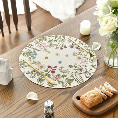 4pcs Vintage Herb & Wild Flower Spring Placemats, 14 Inch Round Summer Table Mats For Dining Table Decor