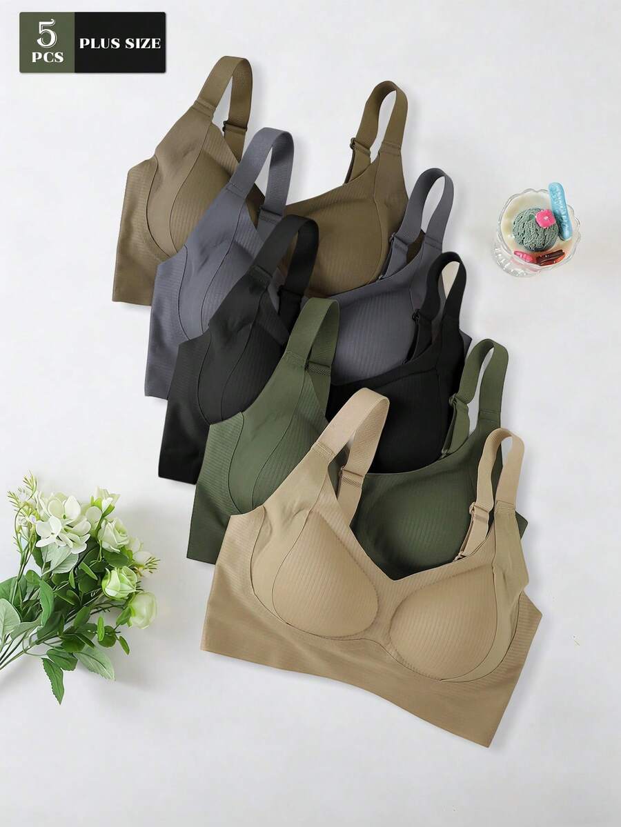 5pcs Classic Plus Size (Runs Small) Women's Non-Wired Bra, Striped Seamless Soft Support Shaping Lingerie, Adjustable Shoulder Straps, Removable Pads