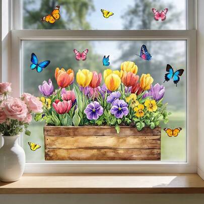 1/2 drewnianej skrzynki na kwiaty i kolorowe naklejki na okna z motywem kwiatów i motyli; wielokrotnego użytku, dwustronne, statyczne naklejki na okna z PVC, odpowiednie do dekoracji sypialni, salonu, łazienki i kuchni.