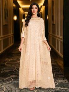 Elegant Apricot Beaded Batwing Sleeve Robe, Dignified Non-Stretch Two Pieces Arabic Robe, Embroidered, Sequin Patchwork, Pearl Detail Long 3/4 Sleeve - Apricot - View 3